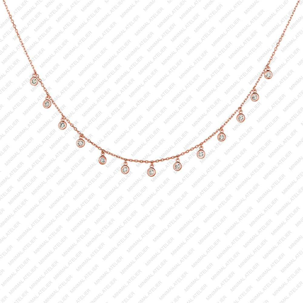 0.75Ct Lab Grown Diamond Brilliant round 13 Drop Bezel with Chain Necklace Solid 14K Gold Moissanite Station Necklace, Handmade Jewelry