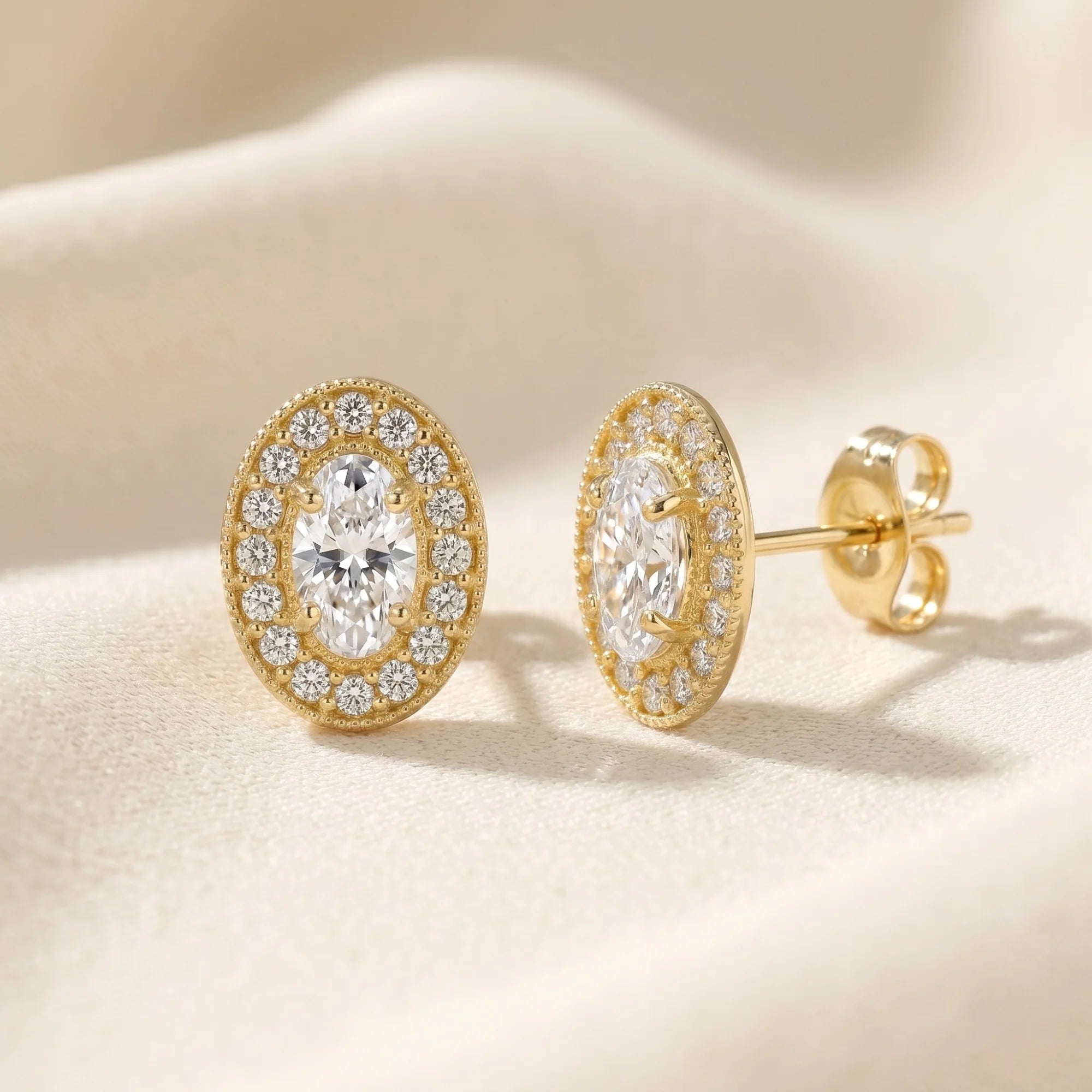 14K Yellow Gold Oval CZ Halo Stud Earrings