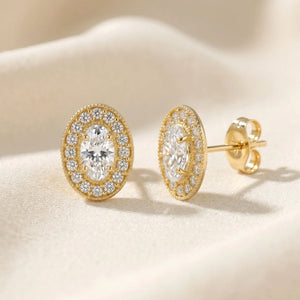 14K Yellow Gold Oval CZ Halo Stud Earrings