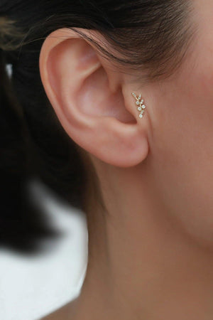 14K Solid Gold Leaf Cluster Stud Earrings – Elegant Nature-Inspired Design for Multiple Piercings.