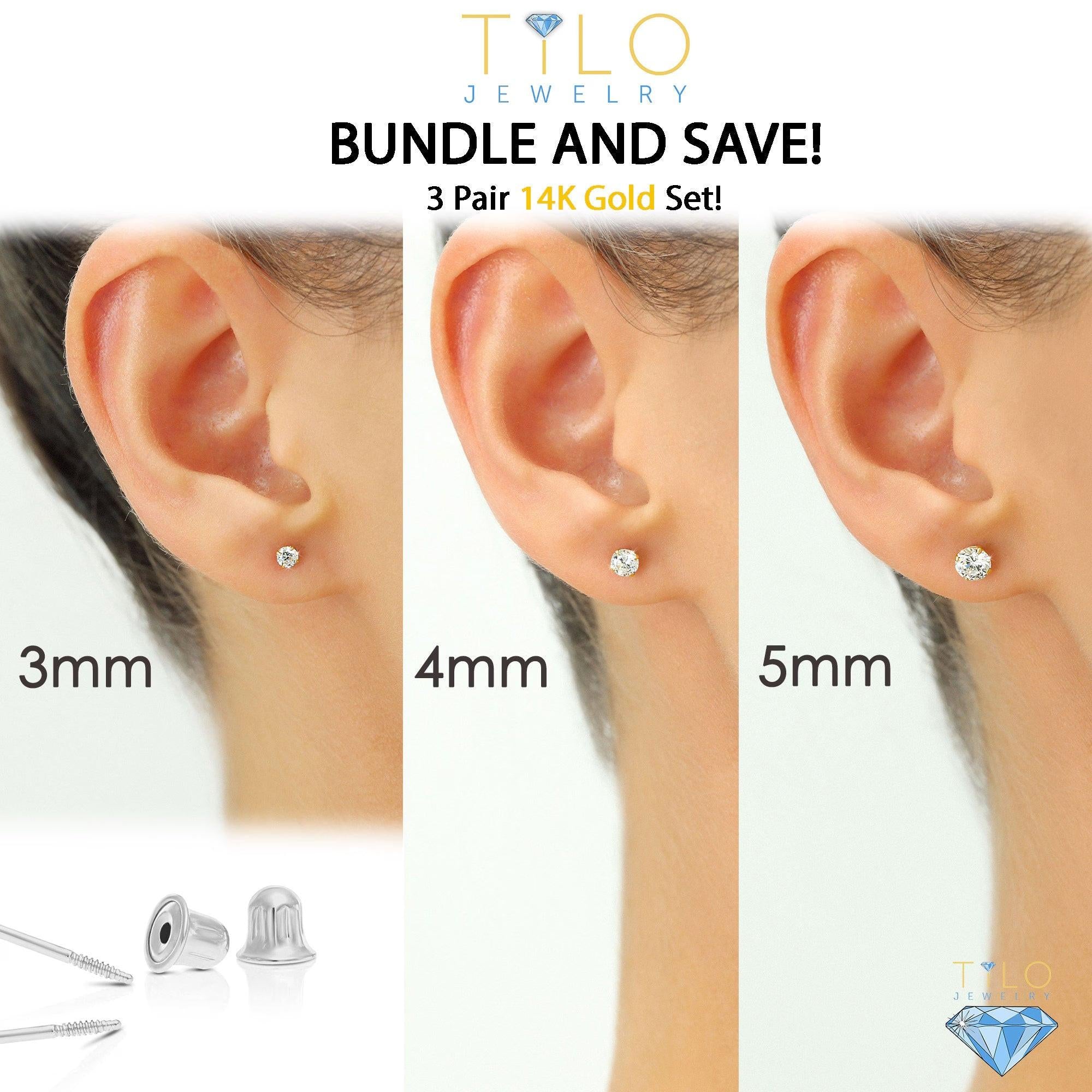 Elegant 14K Solid White Gold Screw Back Round CZ Basket Set Stud Earrings - Set of 3 Pairs.