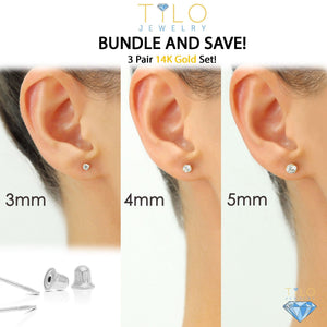 Elegant 14K Solid White Gold Screw Back Round CZ Basket Set Stud Earrings - Set of 3 Pairs.