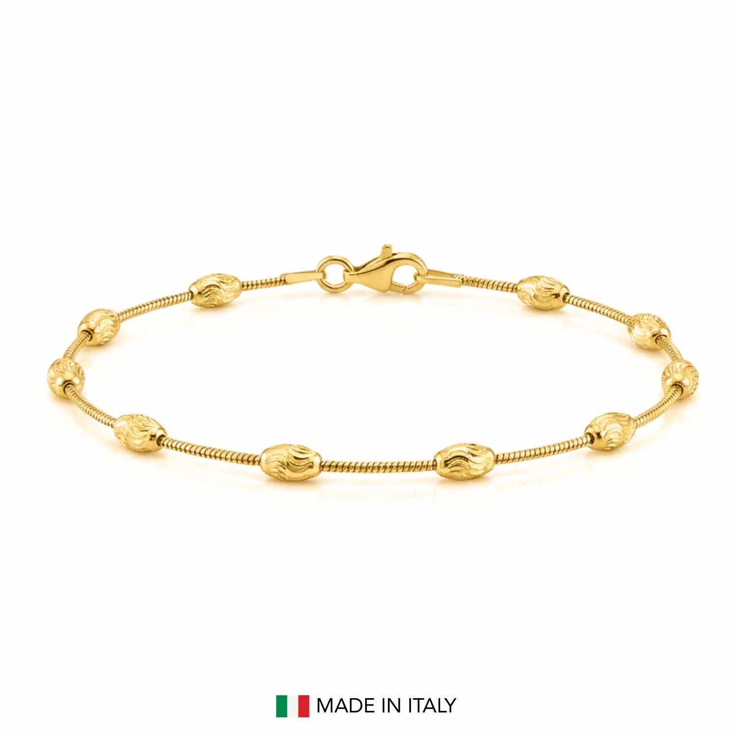 Sterling Silver Gold Plated Diamond-Cut Oval Bead Bracelet