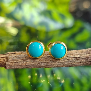 Sleeping Beauty Turquoise Studs Pair, Gold Plated Push Back Studes Earrings, 8Mm round Gemstone, Party Wear Earrings, Statement Jewelry.