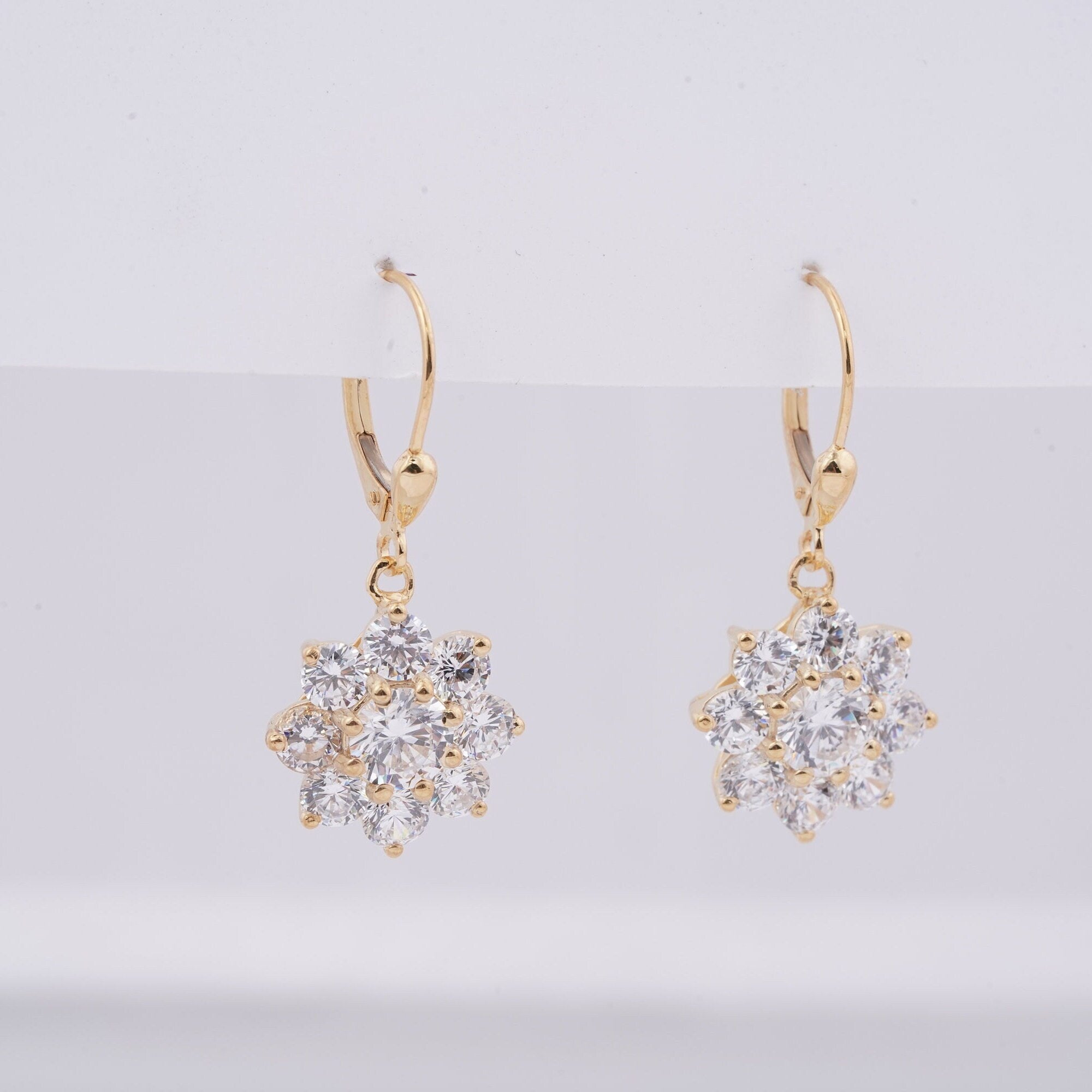 GRA Moissanite Flower Earrings, 14K Gold Plated Sterling Silver Lever Back Drop