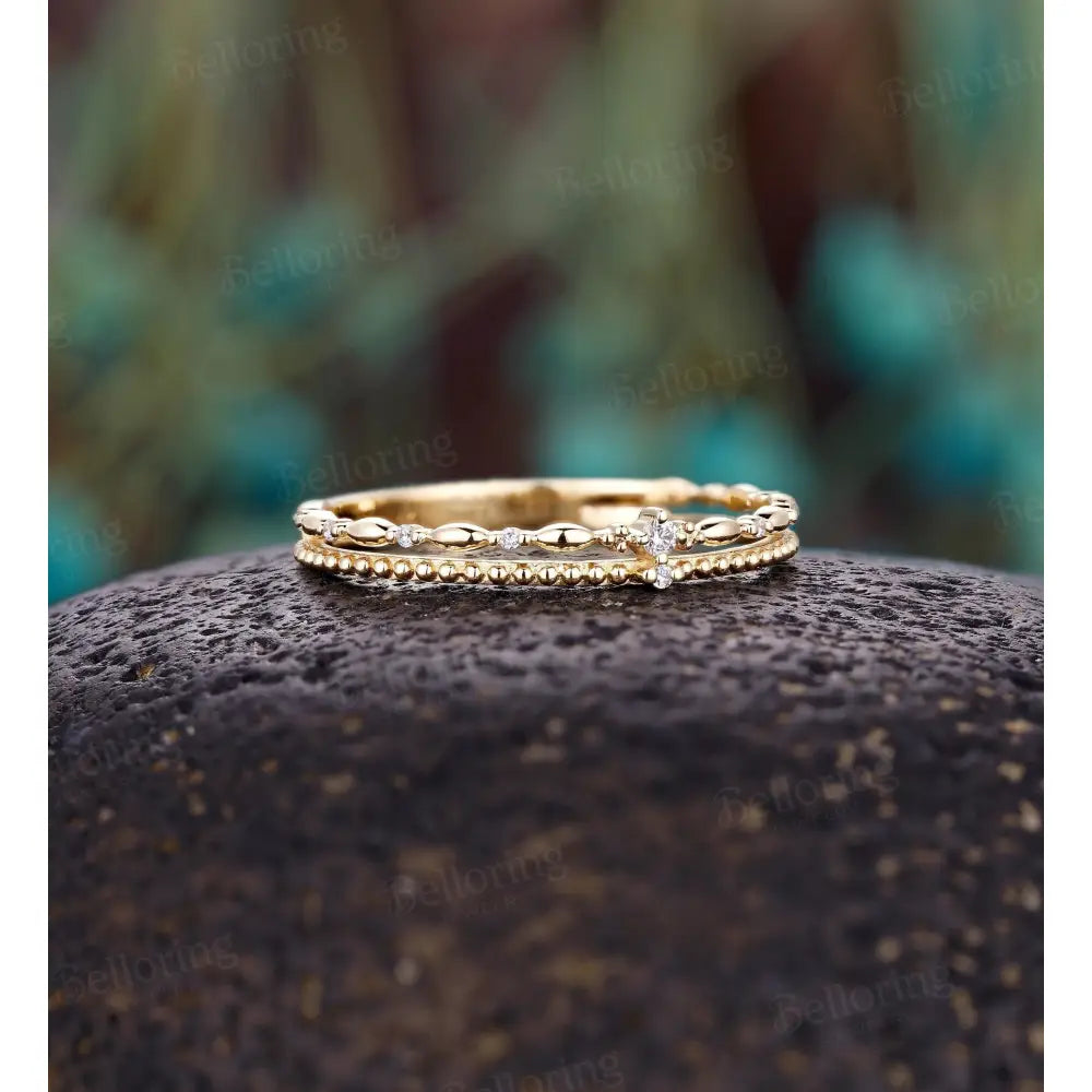 Delicate Double Diamond Wedding Band,14K Yellow Gold Ring,Vintage Milgrain Ring,Dainty Wedding Band Women,Minimalist Stacking Promise Band