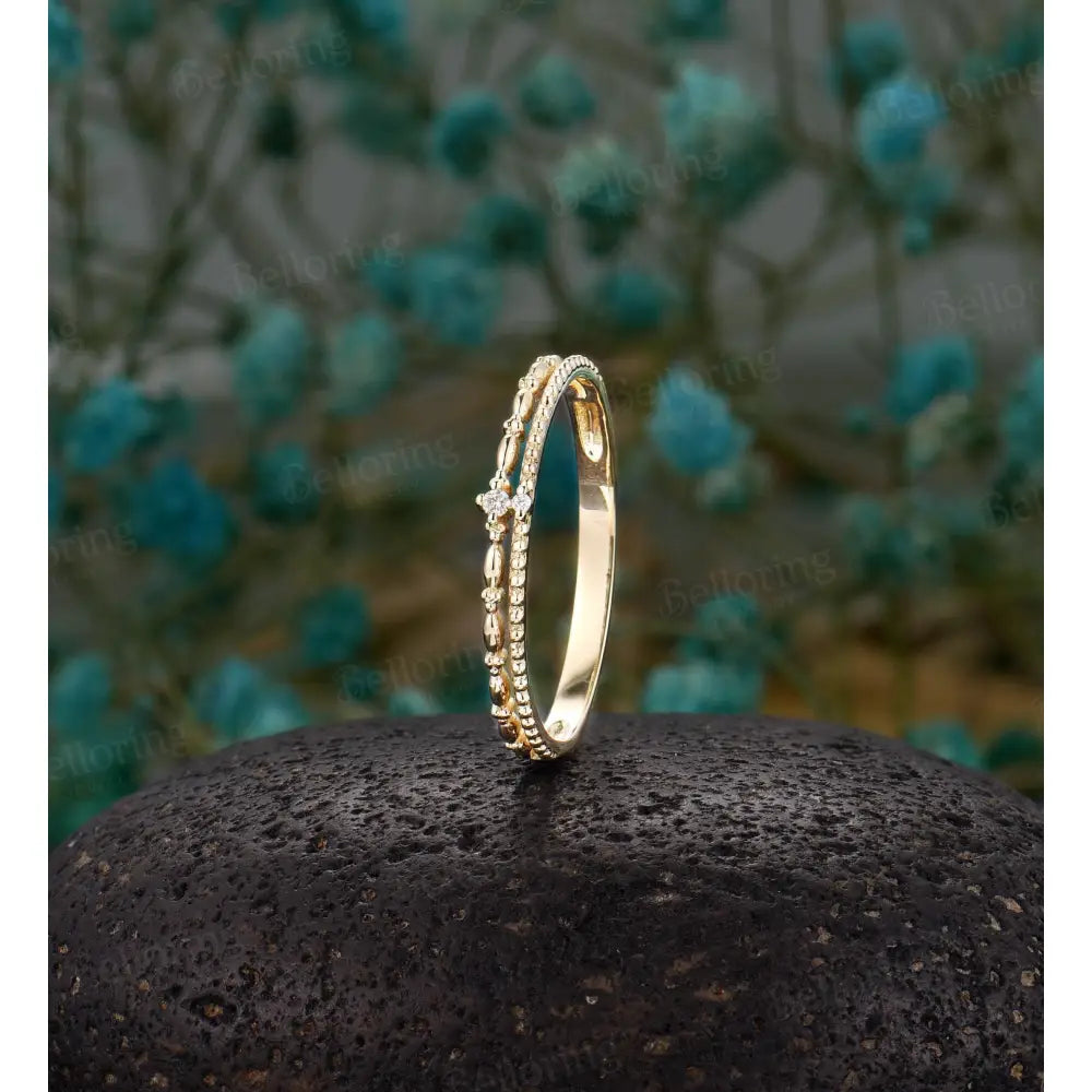 Delicate Double Diamond Wedding Band,14K Yellow Gold Ring,Vintage Milgrain Ring,Dainty Wedding Band Women,Minimalist Stacking Promise Band