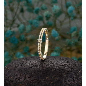 Delicate Double Diamond Wedding Band,14K Yellow Gold Ring,Vintage Milgrain Ring,Dainty Wedding Band Women,Minimalist Stacking Promise Band