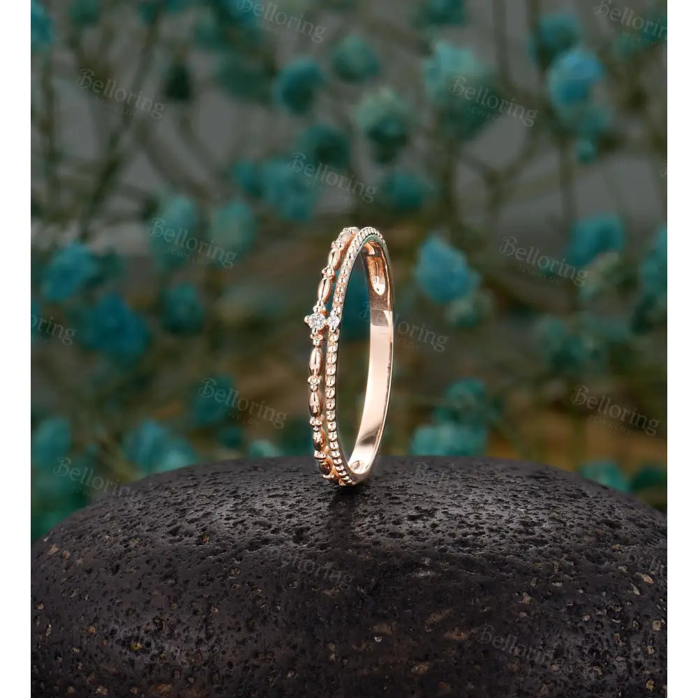Delicate Double Diamond Wedding Band,14K Yellow Gold Ring,Vintage Milgrain Ring,Dainty Wedding Band Women,Minimalist Stacking Promise Band