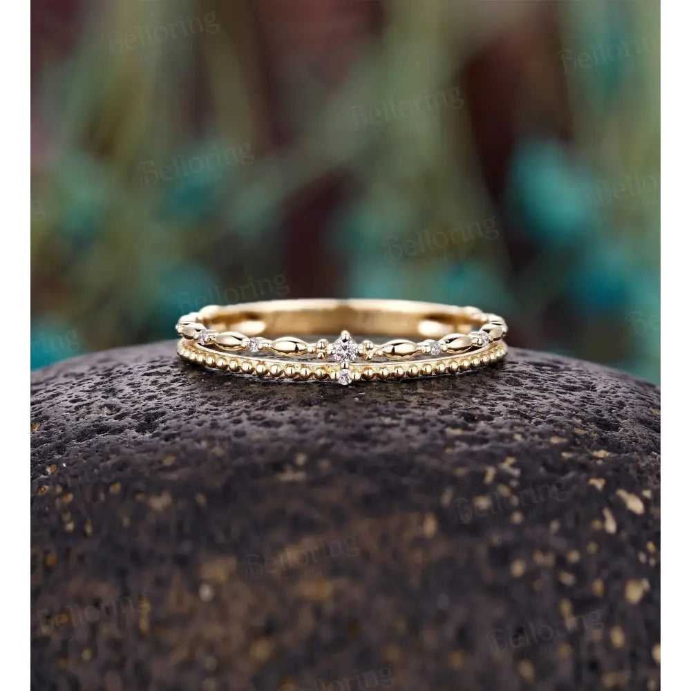 Delicate Double Diamond Wedding Band,14K Yellow Gold Ring,Vintage Milgrain Ring,Dainty Wedding Band Women,Minimalist Stacking Promise Band