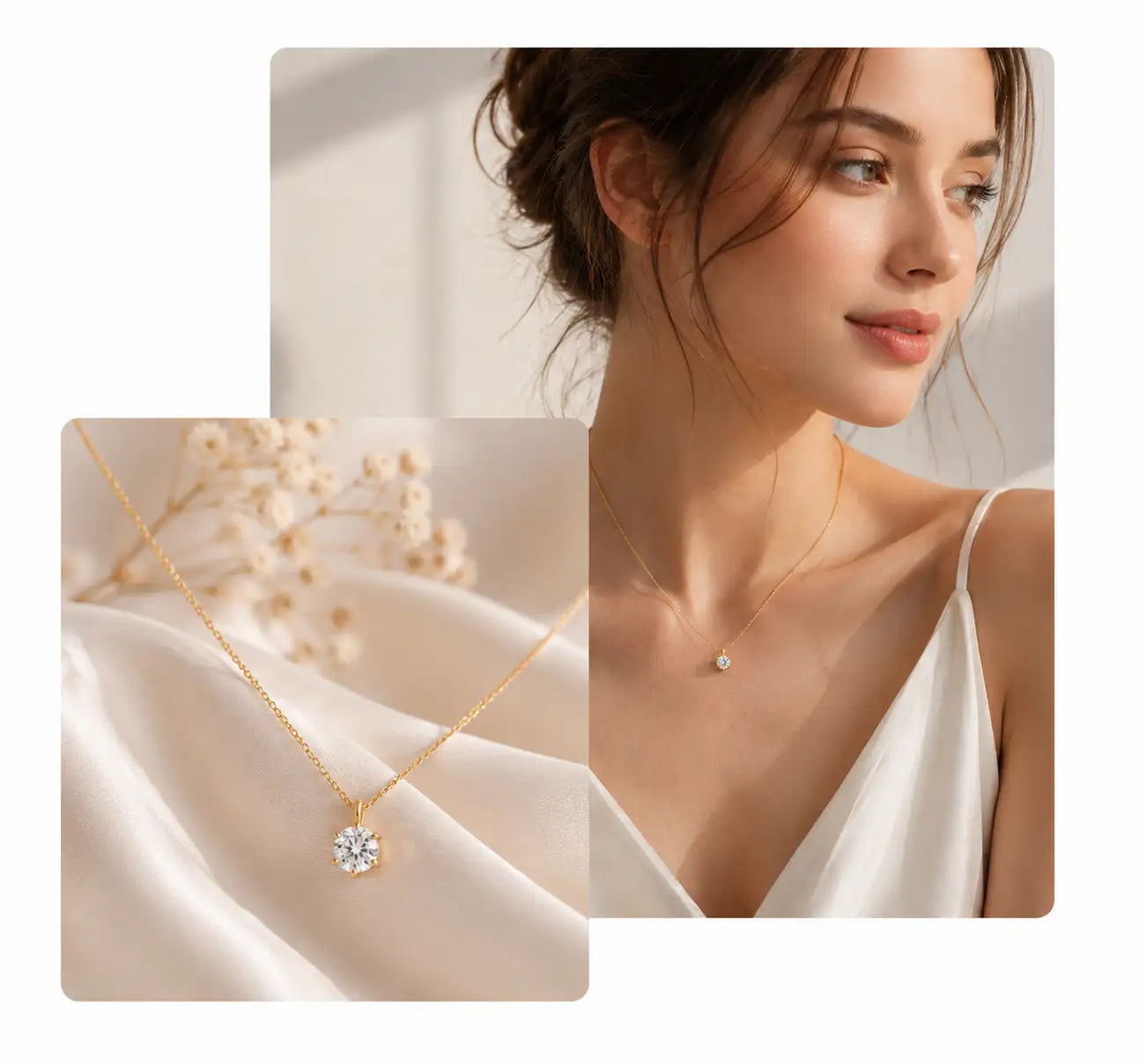 A delicate gold necklace featuring a sparkling round-cut diamond pendant.