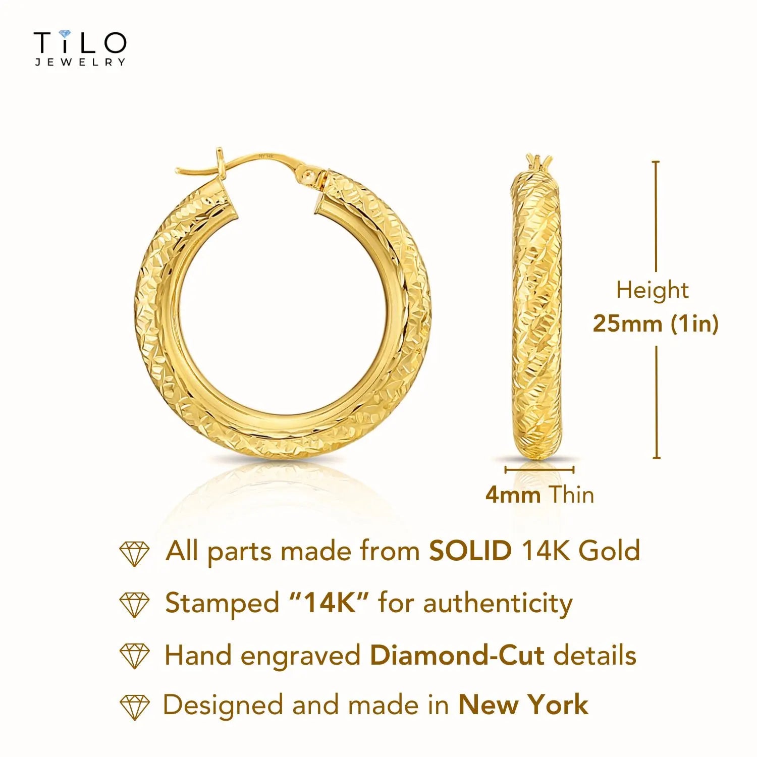 14K Yellow Gold Tornado Hoop Earrings, Bold 4Mm Chunky Gold Hoops, TILO Special Hand Engraved Designer Hoops, 1 Inch Hoops