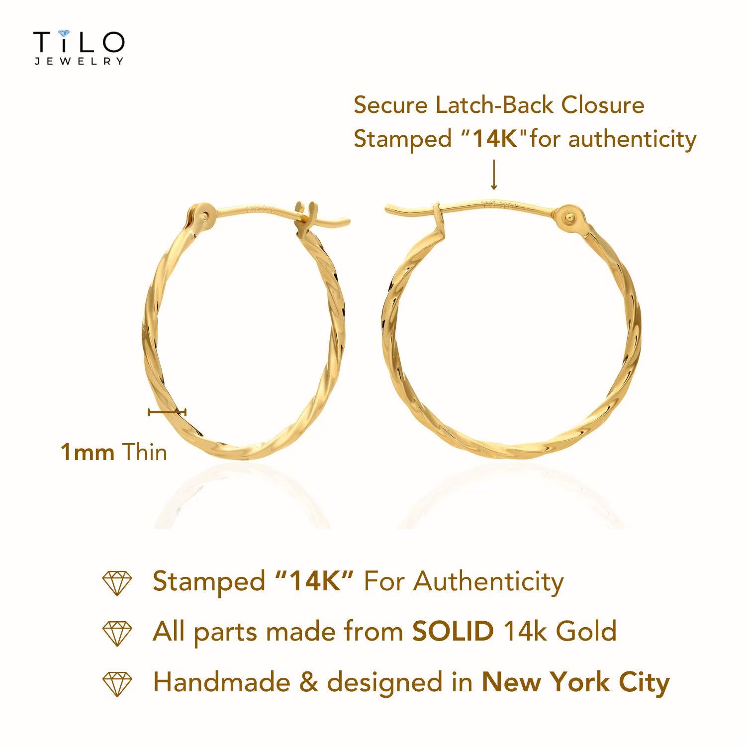14K Yellow Gold Twisted round Hoop Earrings, 1Mm Thin, Available in All Sizes, Handmade by TILO Jewelry