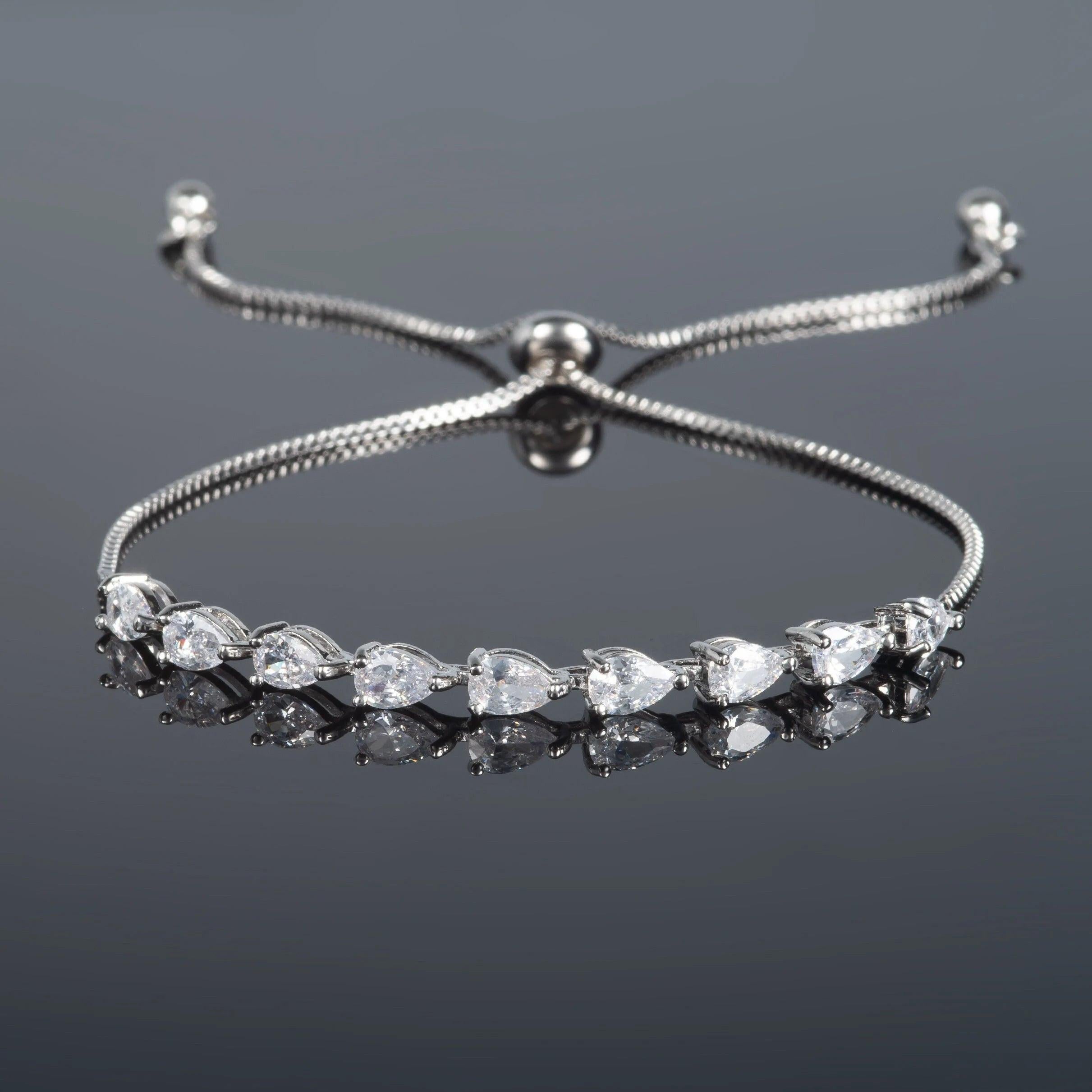 Elegant Dainty Silver CZ Slider Bracelet with Pear-Shaped Cubic Zirconia – Adjustable for Women & Girls.