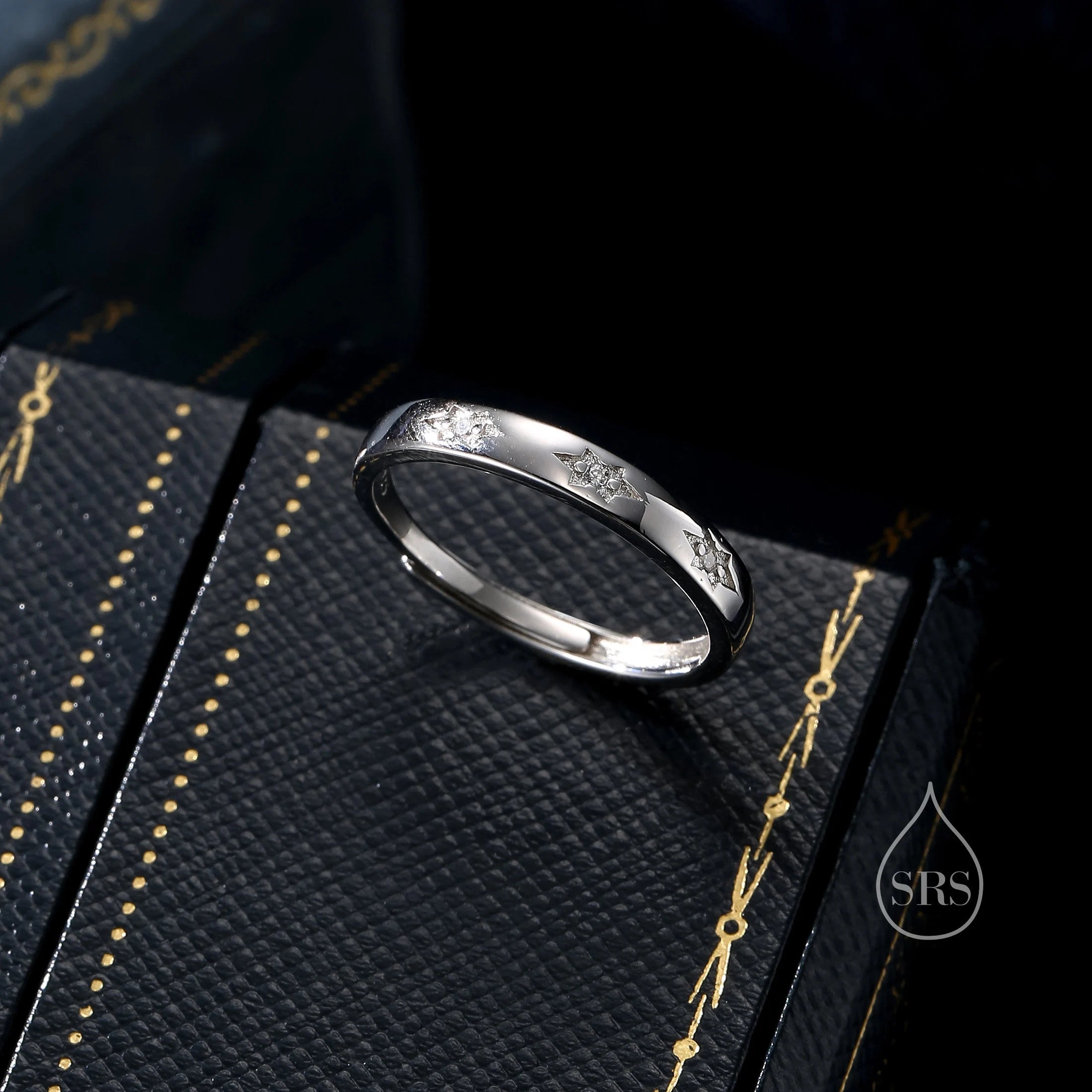 Starburst Ring in Sterling Silver, Adjustable Ring, Silver or Gold, CZ Star Ring, North Star Ring Band