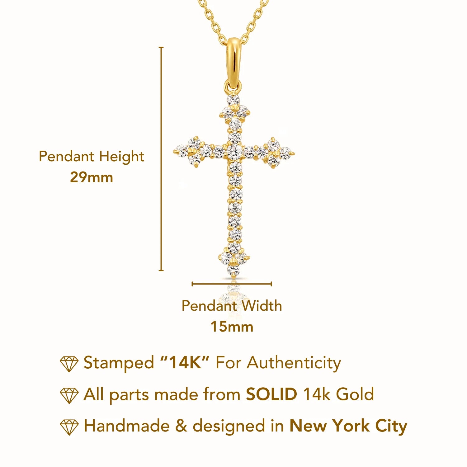 14K Yellow Gold CZ Cross Pendant Necklace