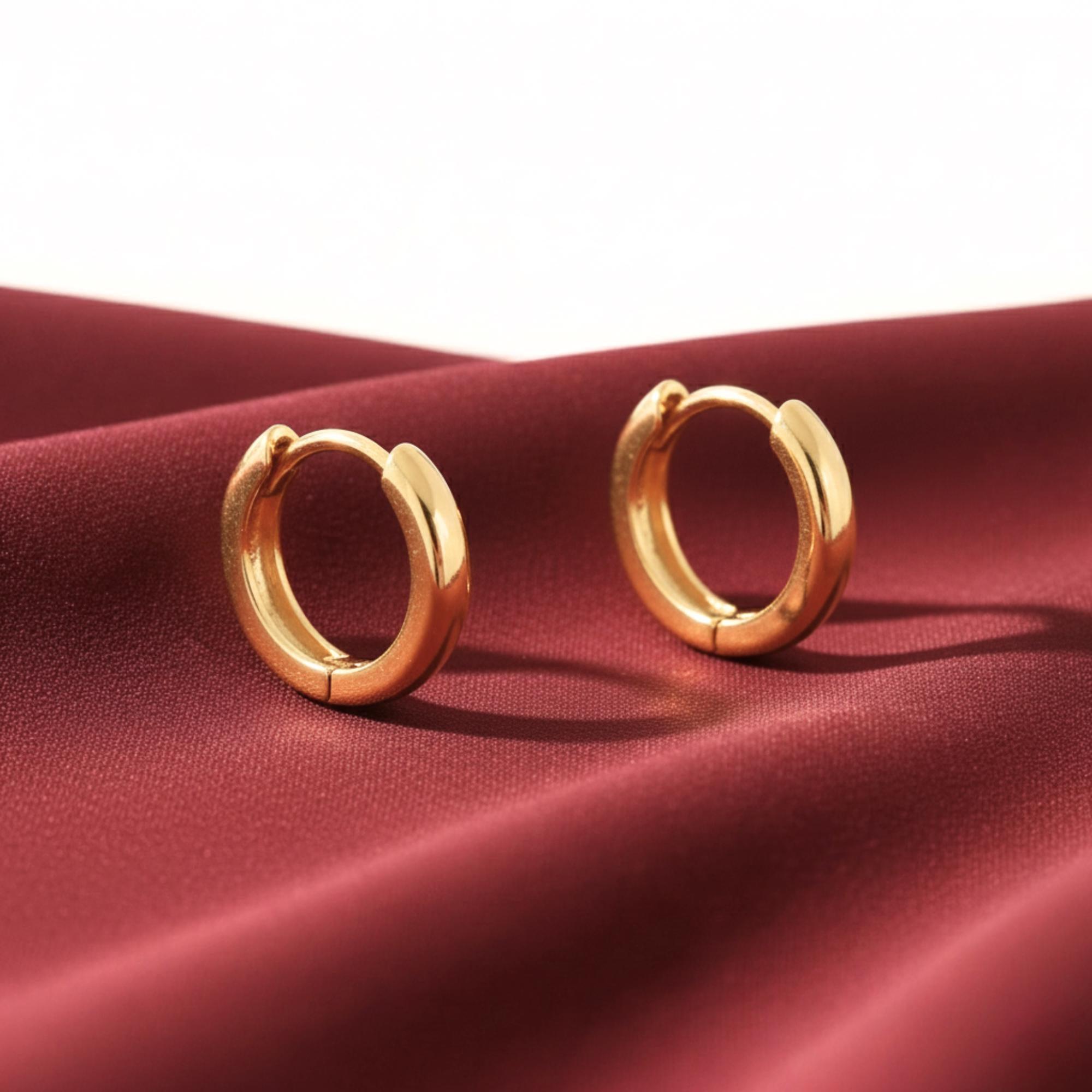 Elegant 14K Yellow Gold Handmade Small 12mm Shiny Huggie Hoop Earrings.