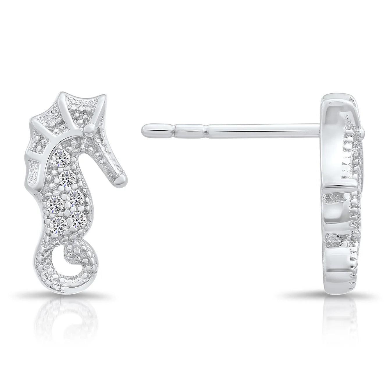 Enchanting CZ Seahorse Stud Earrings in Elegant Sterling Silver.
