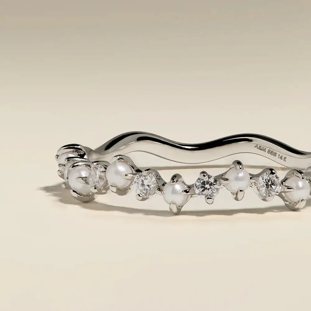 Diamond & Pearl Scalloped Ring in Solid White Gold