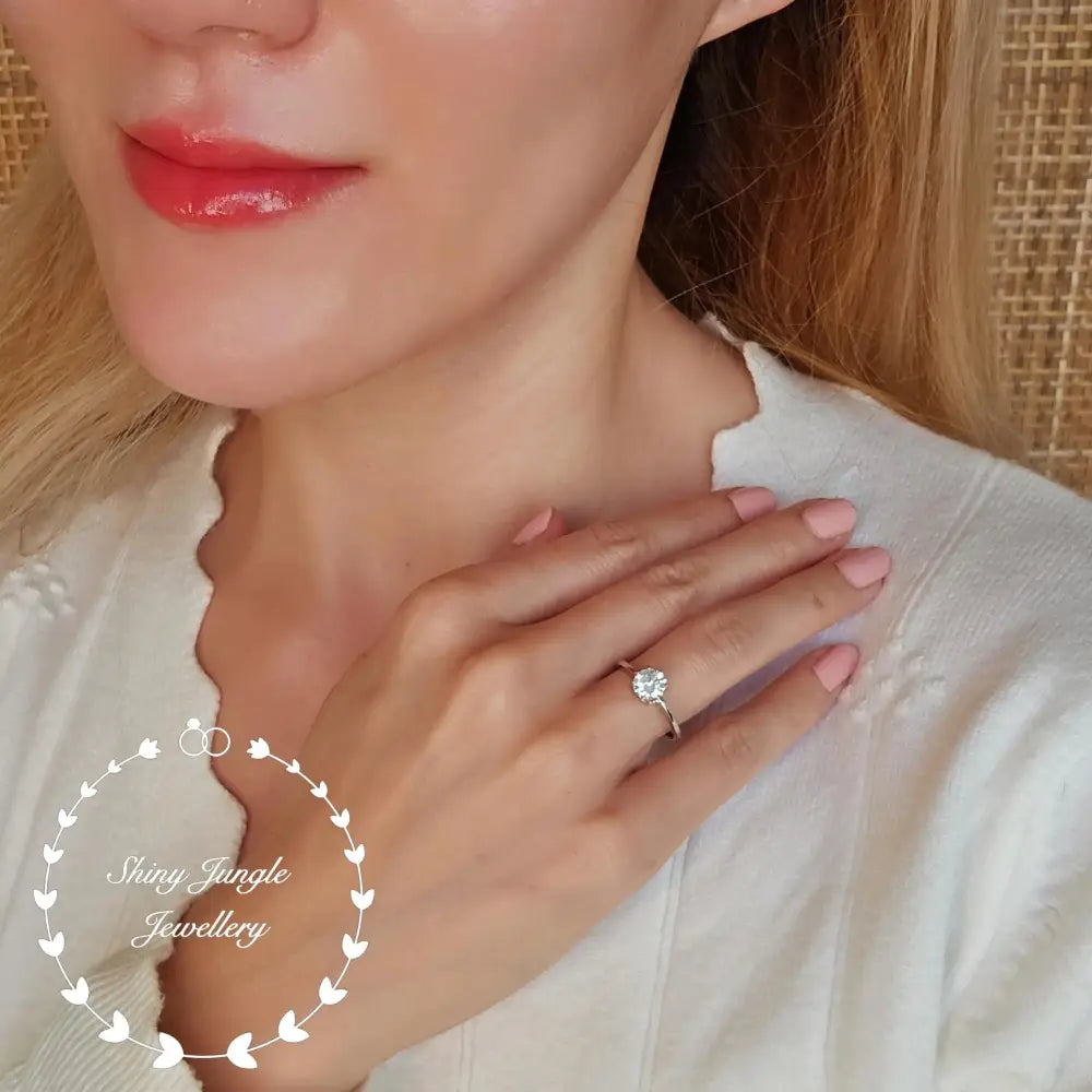 Diamond Engagement Ring, Simple Diamond Solitaire Ring, round Brilliant Cut 1 Carat 6Mm Diamond Simulant Promise Ring, April Birthstone Gift