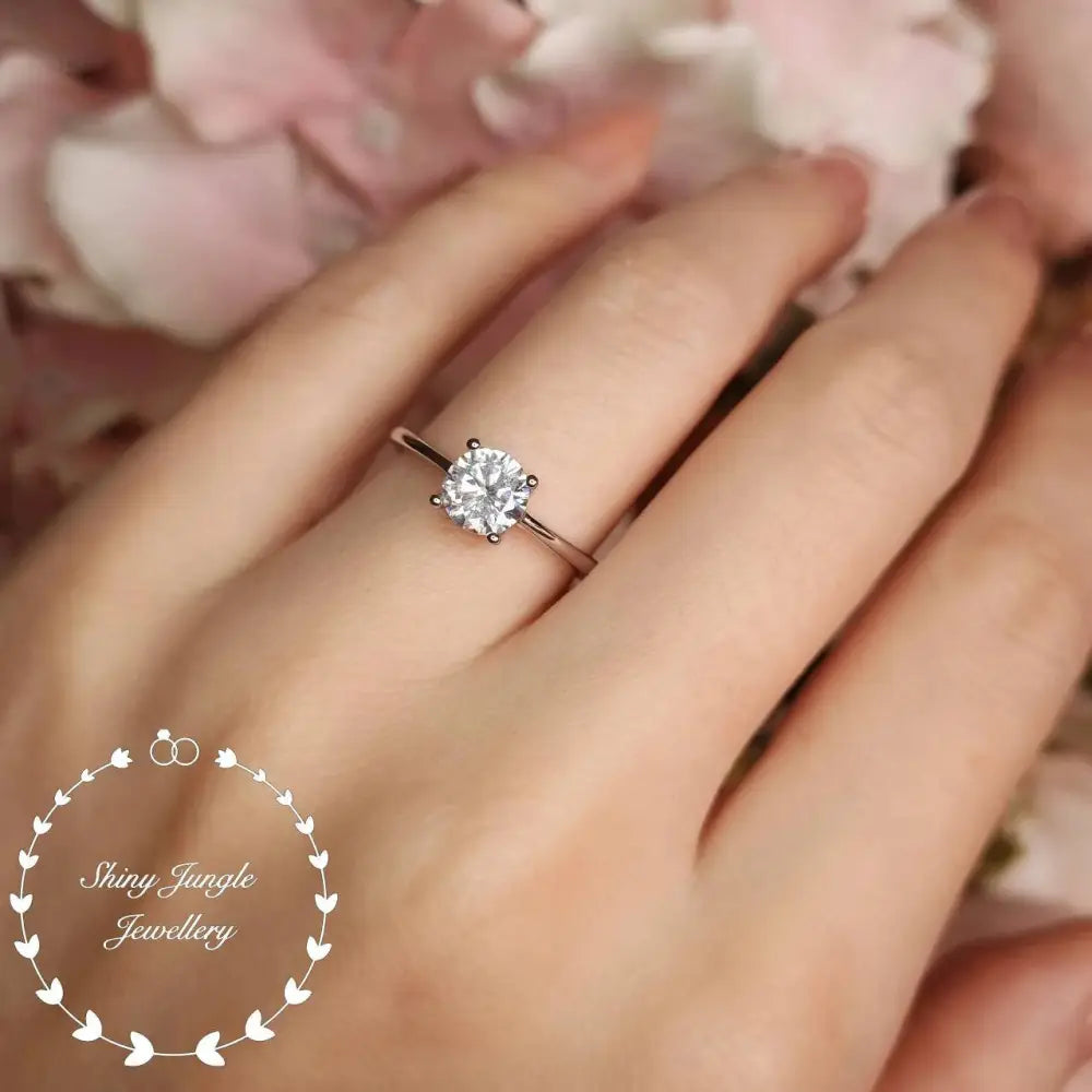 Diamond Engagement Ring, Simple Diamond Solitaire Ring, round Brilliant Cut 1 Carat 6Mm Diamond Simulant Promise Ring, April Birthstone Gift
