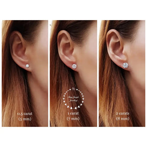 Diamond Stud Earrings, 0.5, 1 & 2 Carat Man Made Diamond Simulant Studs, 14K White Gold Plated Silver 3 Prong Set, Mothers Day Gift with Box