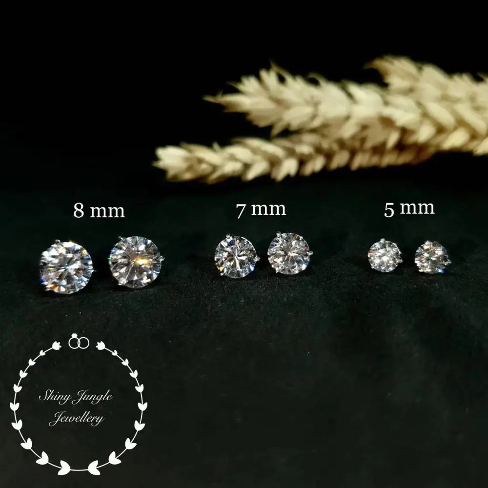 Diamond Stud Earrings, 0.5, 1 & 2 Carat Man Made Diamond Simulant Studs, 14K White Gold Plated Silver 3 Prong Set, Mothers Day Gift with Box