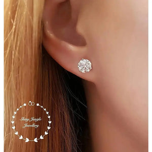 Diamond Stud Earrings, 0.5, 1 & 2 Carat Man Made Diamond Simulant Studs, 14K White Gold Plated Silver 3 Prong Set, Mothers Day Gift with Box
