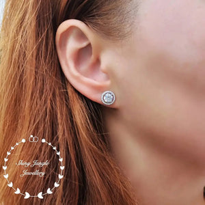 Diamond Stud Earrings, Delicate Halo Diamond Simulant Studs, 14K White Gold and Rose Gold Plated Sterling Silver, Birthday Gift with Box