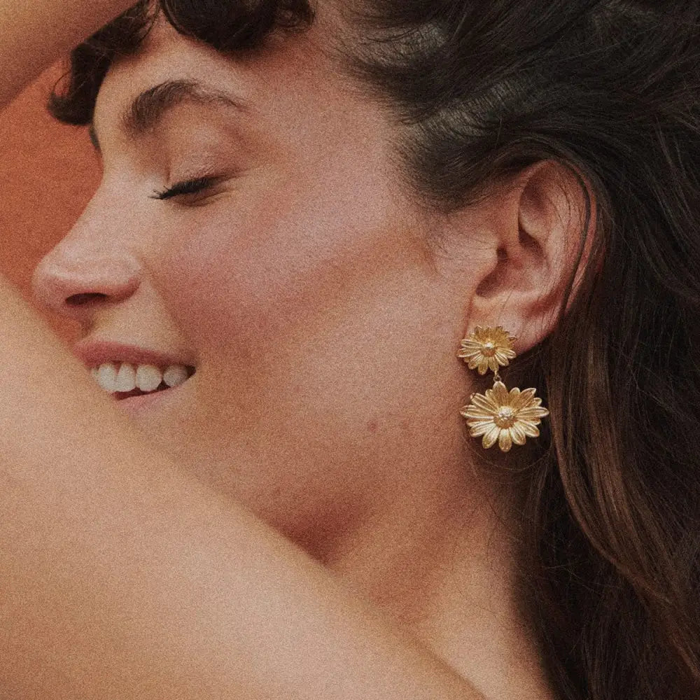 Double Daisy Flower Earrings 18Ct Gold Plate
