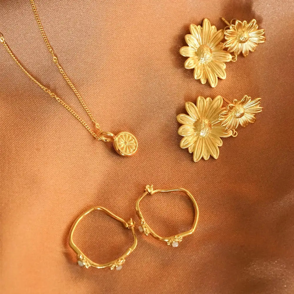 Double Daisy Flower Earrings 18Ct Gold Plate