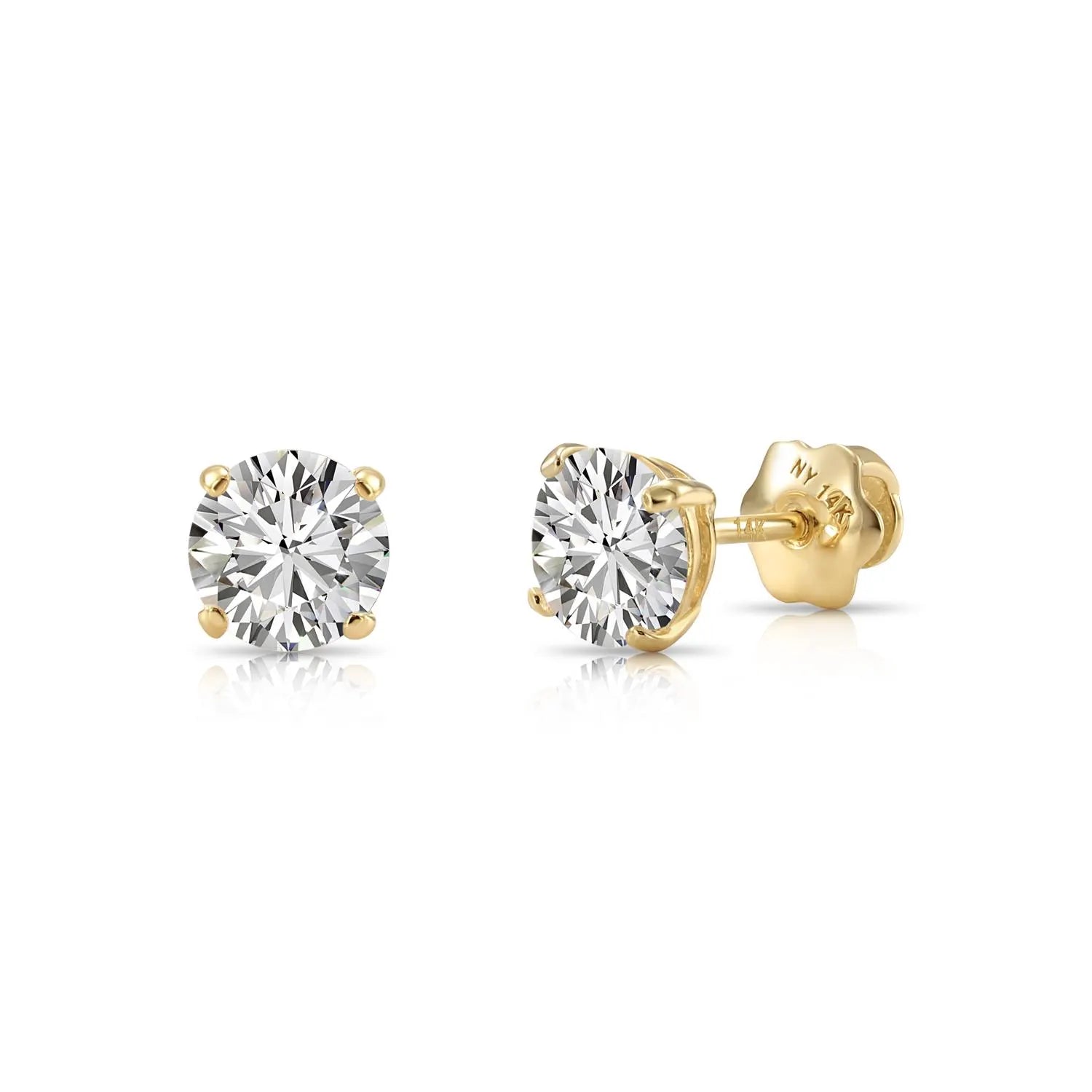 14K Yellow Gold round Simulated Diamond Stud Earrings, Brilliant CZ Studs, Basket Set, Classic Screwback Studs, Unisex, by TILO Jewelry