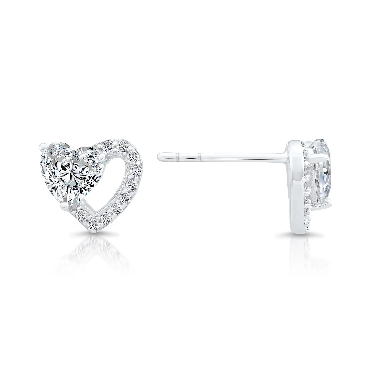 CZ Double Heart Stud Earrings in Sterling Silver