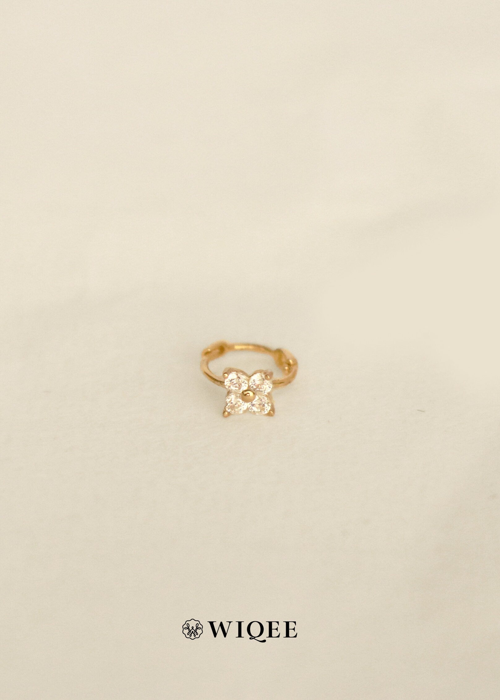 9K Solid Gold Flower Hoop Earrings, CZ Diamond Huggie Earrings