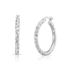 Stunning 925 Sterling Silver Hand Engraved Diamond Cut X-Pattern Round Hoop Earrings.