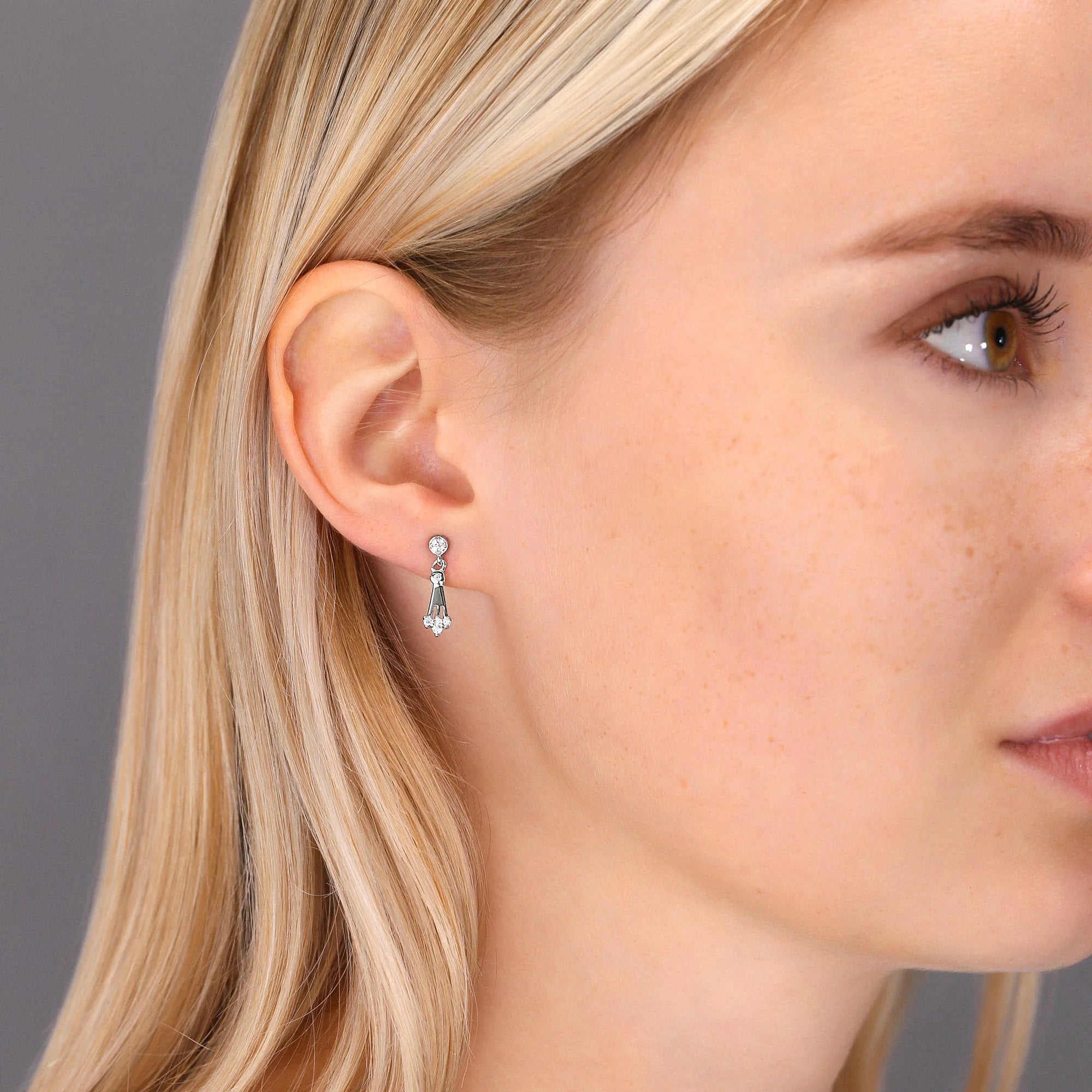 CZ Dangle Stud Earrings, Three Spoke in Sterling Silver