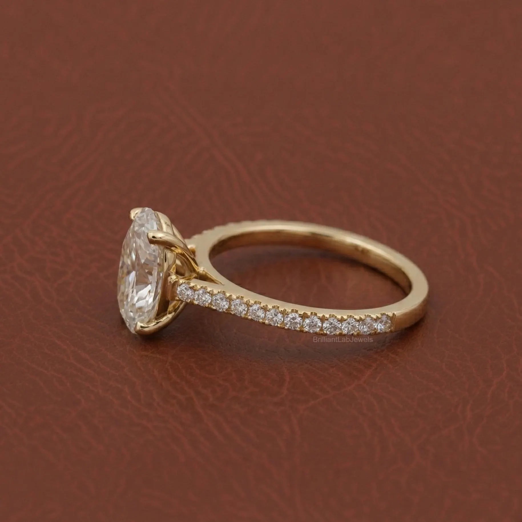 Oval Cut Engagement Ring, Lab Grown Diamond Solitaire Accent Ring, 14K Yellow Gold Bridal Ring, Propose Ring for Love, 3 Carat Oval Ring