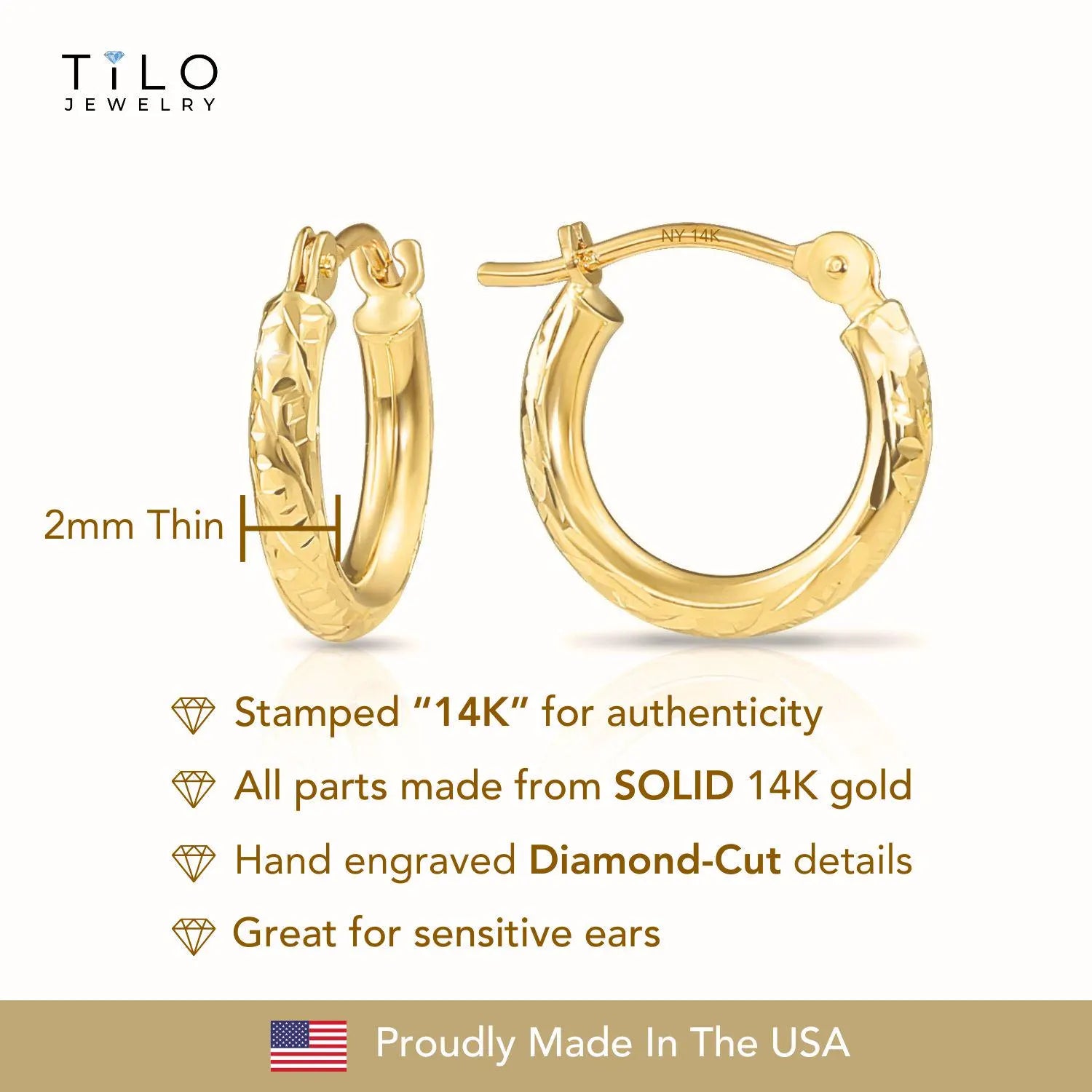 14K Solid Gold Small Hoops, Fancy Hand Engraved Hoop Earrings, 2Mm Thin, Designer Hoops Handmade by TILO Jewelry