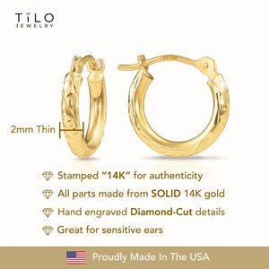14K Solid Gold Small Hoops, Fancy Hand Engraved Hoop Earrings, 2Mm Thin, Designer Hoops Handmade by TILO Jewelry