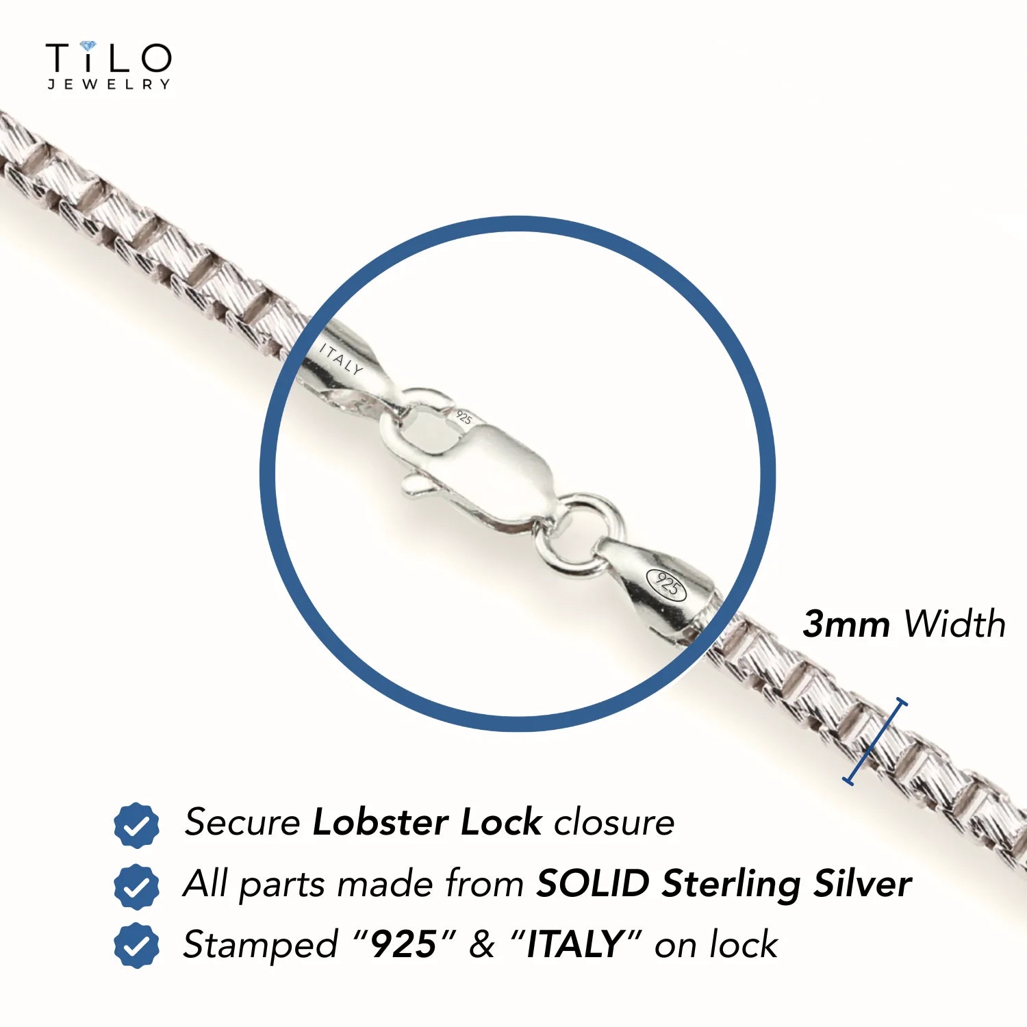 Sterling Silver Italian Box Chain Bracelet, 7.5"