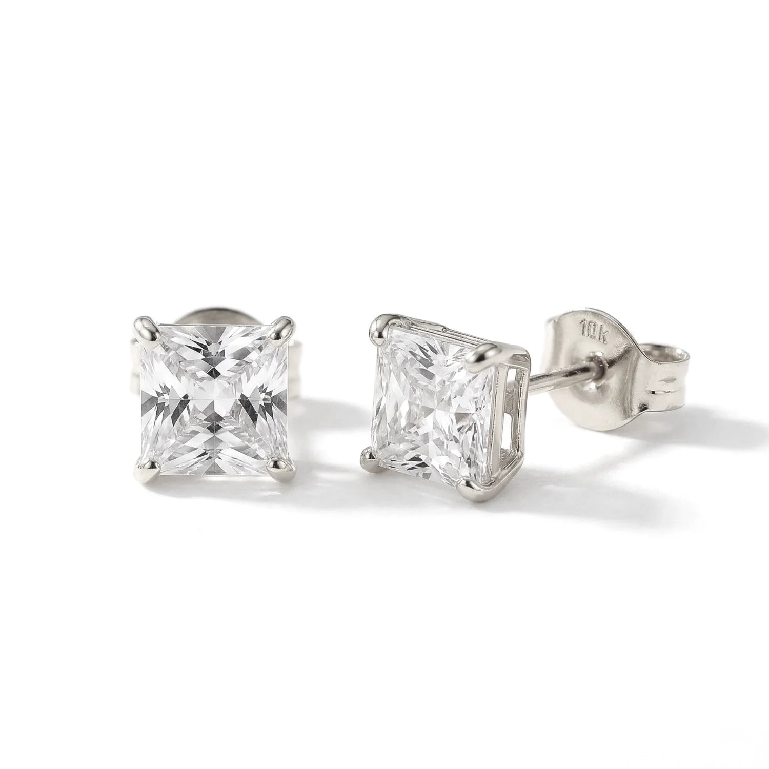 10K White Gold Princess-Cut Square CZ Studs, Pushback