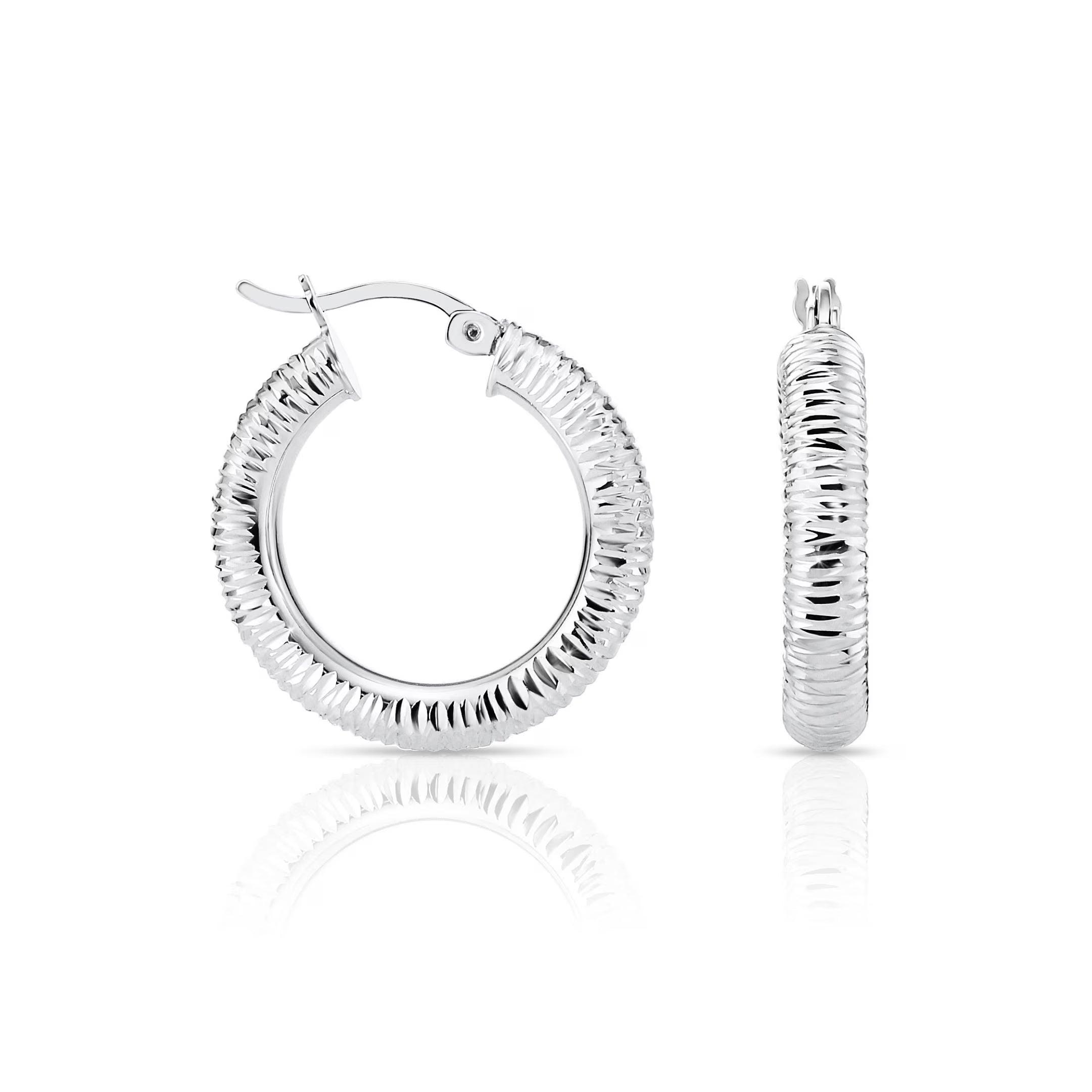 Stunning Handmade 925 Sterling Silver Diamond Cut Hoop Earrings - Medium Size.