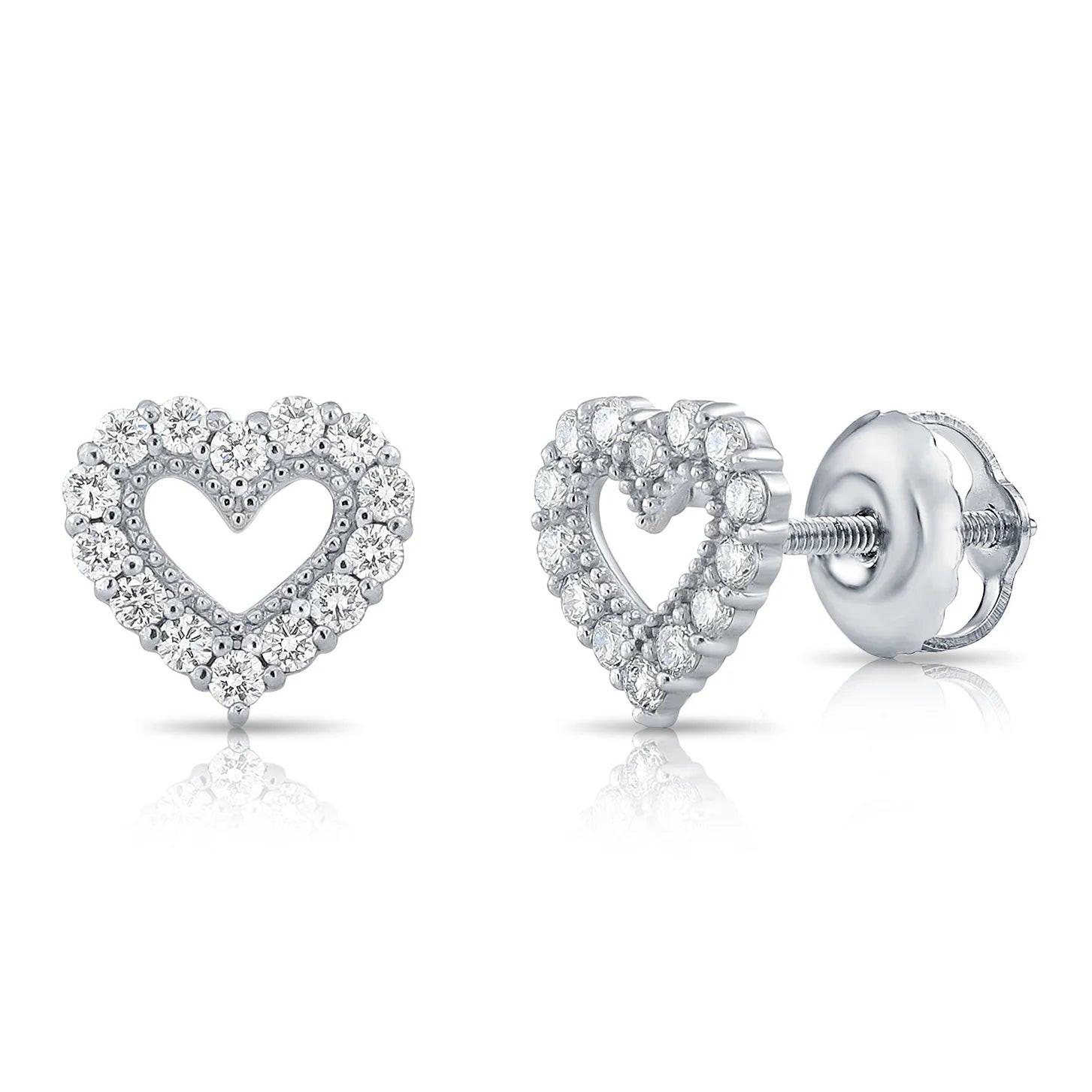 Elegant 14K White Gold Heart Lab Diamond Studs - 0.25 Carat, Secure Screwback Design.