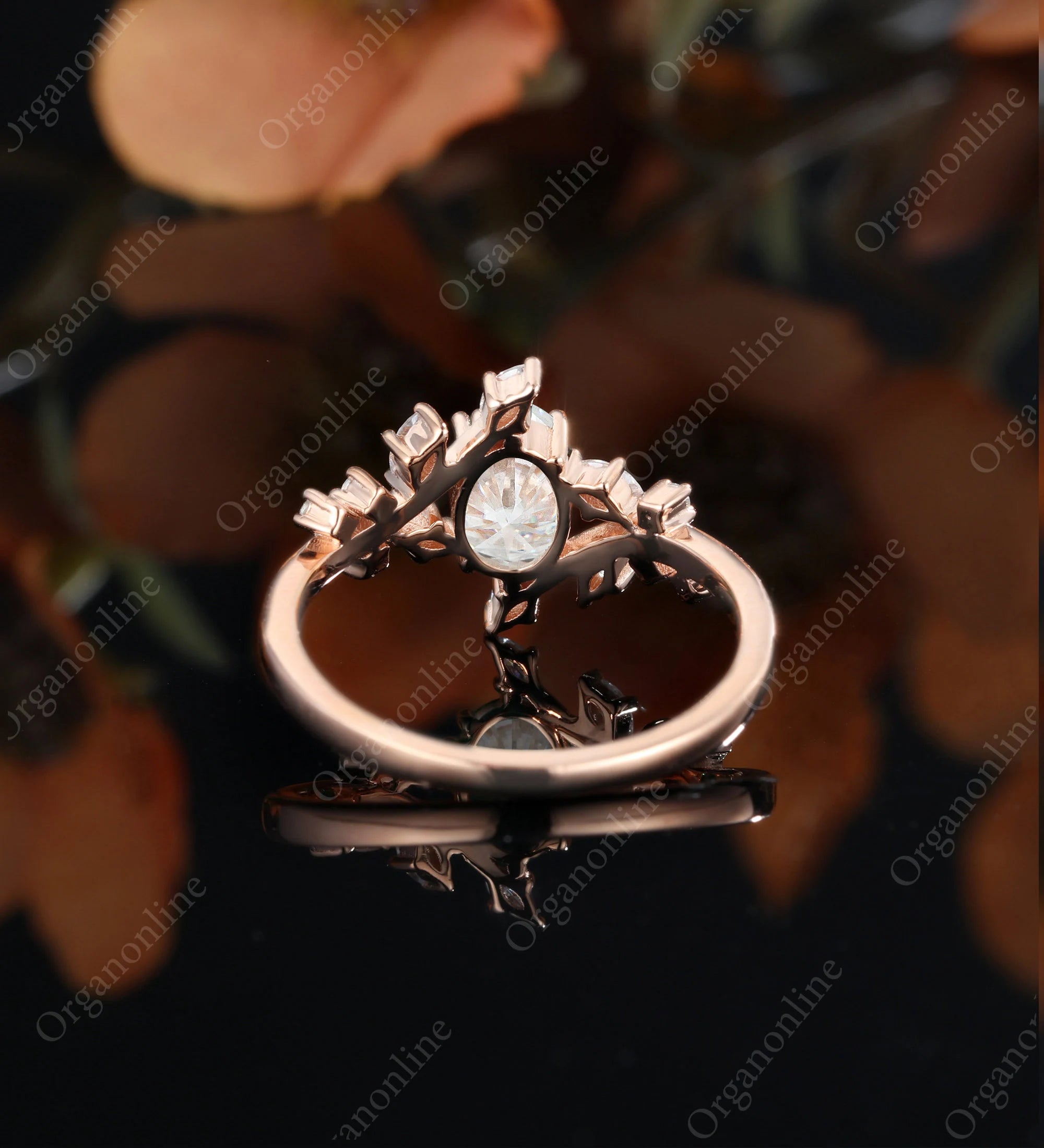 Oval Moissanite Engagement Ring Vintage Unique Marquise Cut Diamond Cluster Ring Rose Gold Engagement Ring Leaf Ring Bridal Ring Anniversary