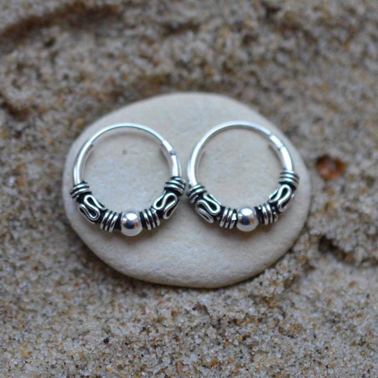 Elegant 925 Sterling Silver Bali Ball Hoop Sleeper Earrings - Available in Multiple Sizes (10-20 MM).