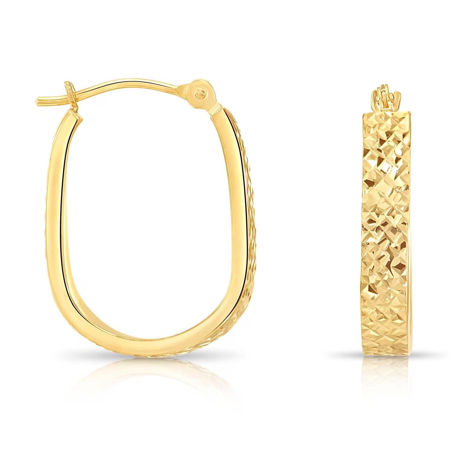 Stunning 14K Gold Diamond-Cut Oval Hoop Earrings with Hand Engraved Design - Luxurious U-Shape Hoops.