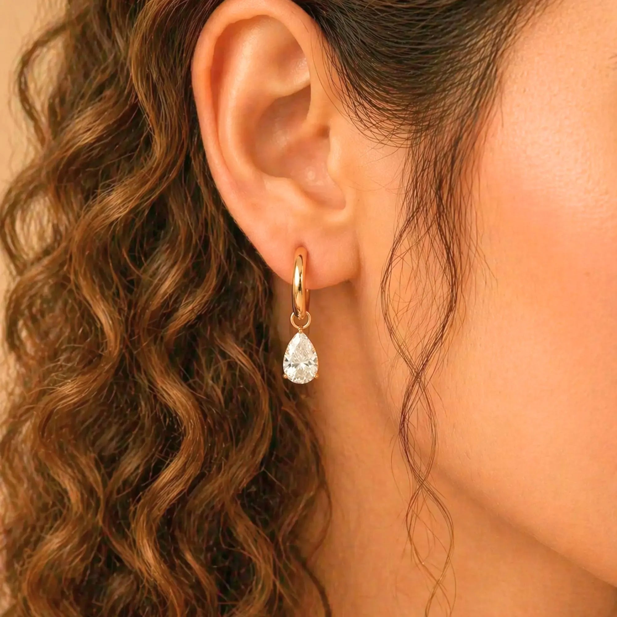18K Solid Gold Pear Cut Lab Diamond Dangle Huggie Earrings | Minimalist Drop Charm