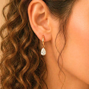 18K Solid Gold Pear Cut Lab Diamond Dangle Huggie Earrings | Minimalist Drop Charm
