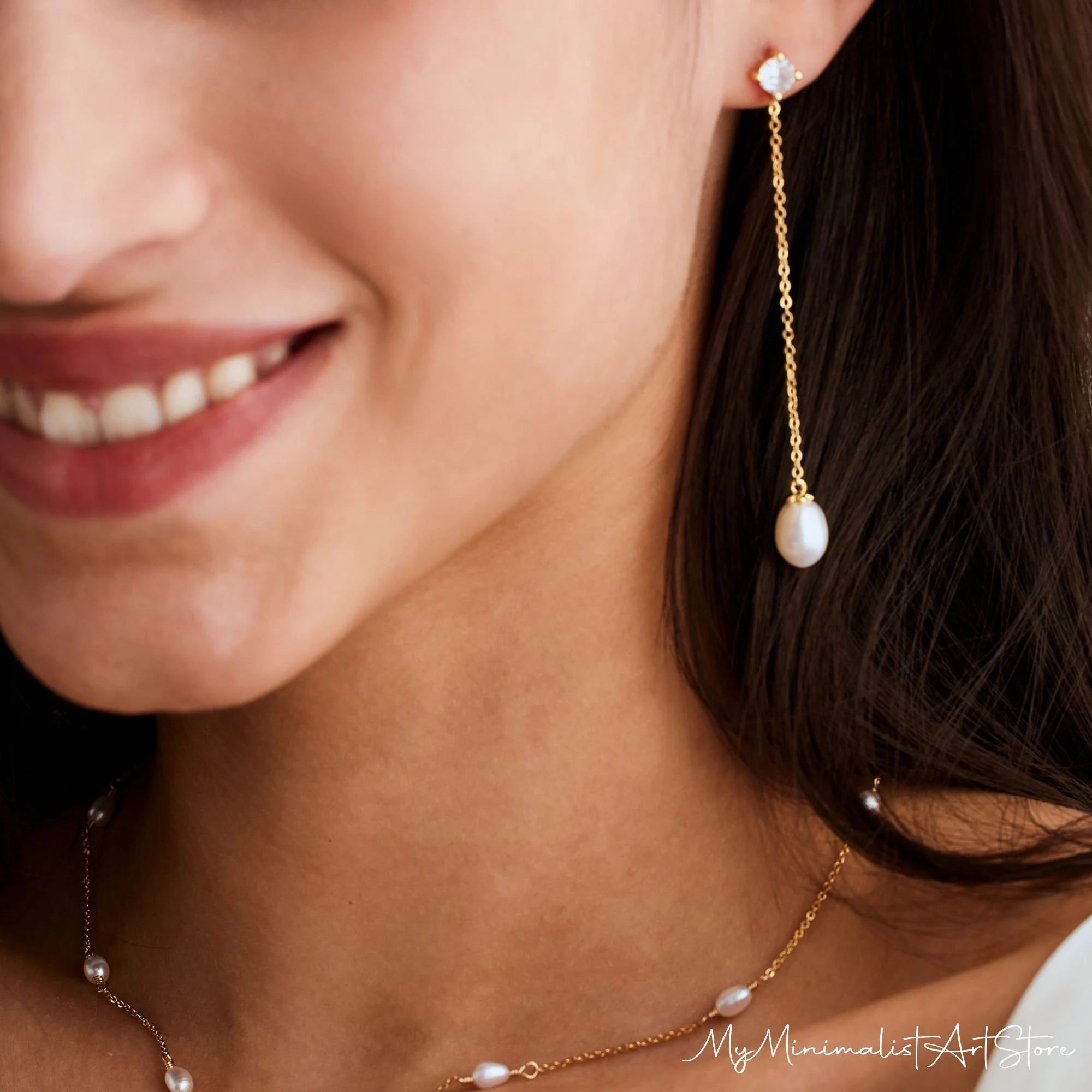 Dainty Pearl Drop Earrings with Diamond, Gold Dangle Earrings, Bridal Earrings, Long Pearl Earrings, Wedding Jewelry,Bridesmaid Gift for Her