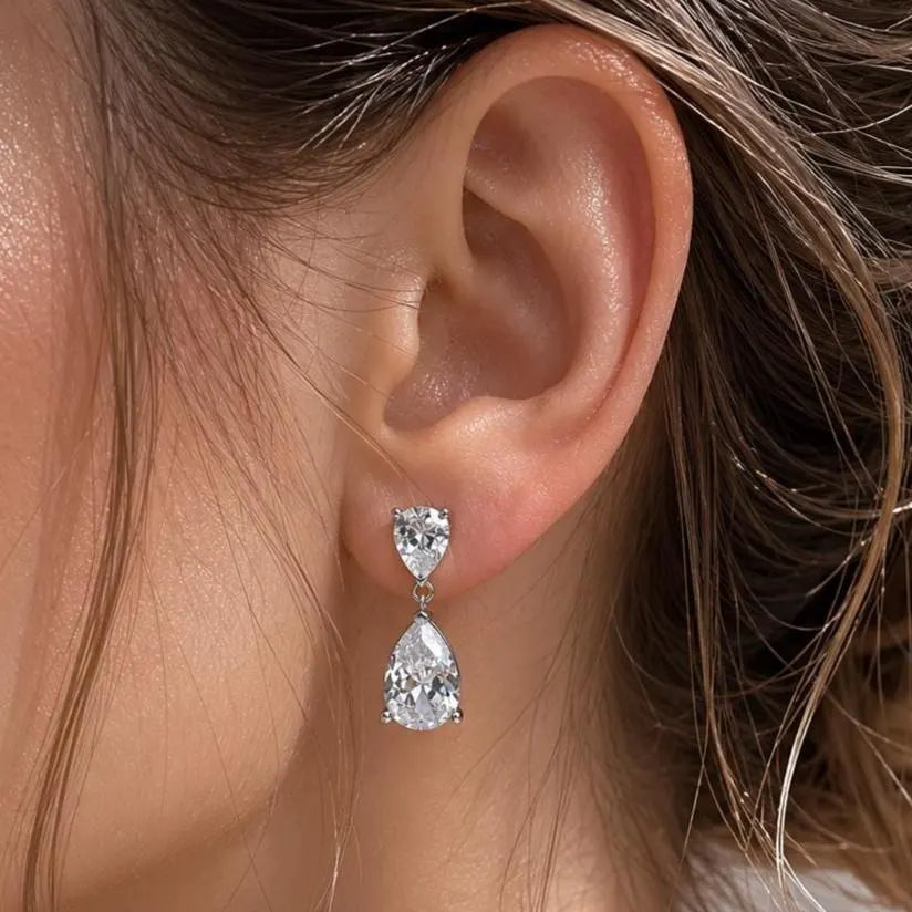 Sterling Silver CZ Teardrop Earrings: Double Drop Dangle Bridal Jewelry